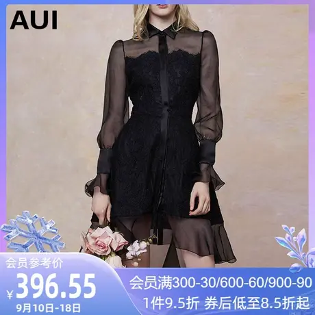 aui欧洲站裙子女2023年春装新款女装欧货黑色雪纺拼接蕾丝连衣裙图片