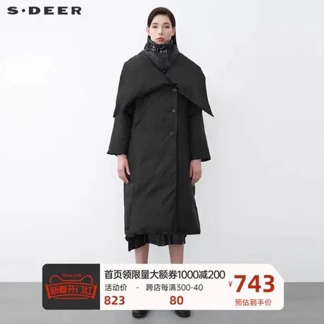 sdeer圣迪奥女装不规则领拼接围脖两件长款羽绒服S21482422图片