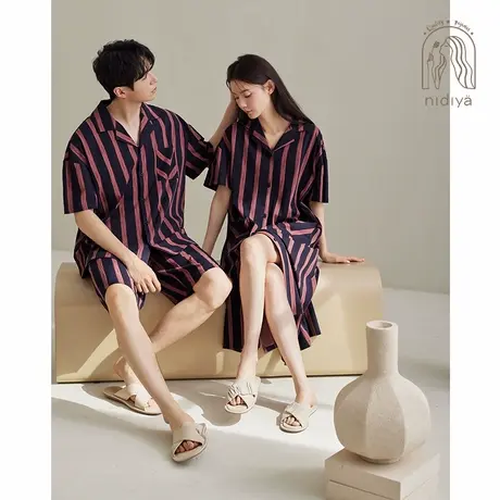 妮狄娅2024夏季情侣睡衣睡裙女纯棉中长裙男翻领开衫款家居服套装图片