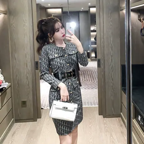 宫廷风复古格子连衣裙收腰修身职业装气质女神范时尚名媛包臀裙子图片