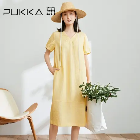 蒲PUKKA亚麻连衣裙女2023夏装宽松小众绣花短袖休闲V领显瘦裙子图片