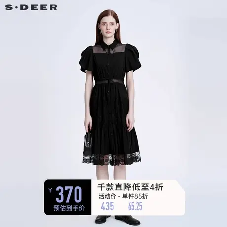 sdeer圣迪奥泡泡袖法式连衣裙学院风裙子蕾丝拼接小黑裙S22281226图片