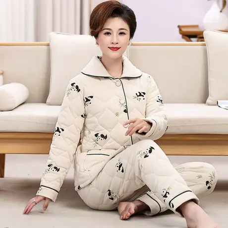 法兰绒冬季睡衣女士中老年妈妈加绒加厚夹棉家居服套装珊瑚绒新款商品大图