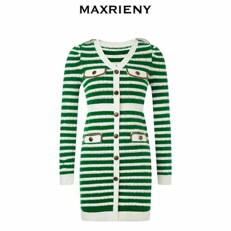 【奥莱】MAXRIENY绿白撞色条纹毛织裙秋连衣裙复古图片