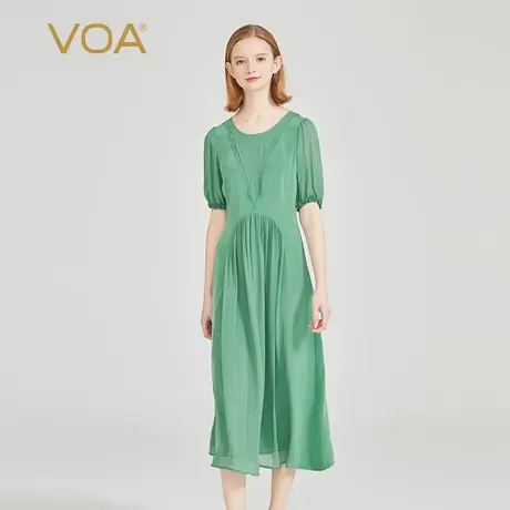 VOA云杉绿30姆米重磅桑蚕丝拼接乔其丝绸圆领短袖减龄真丝连衣裙图片