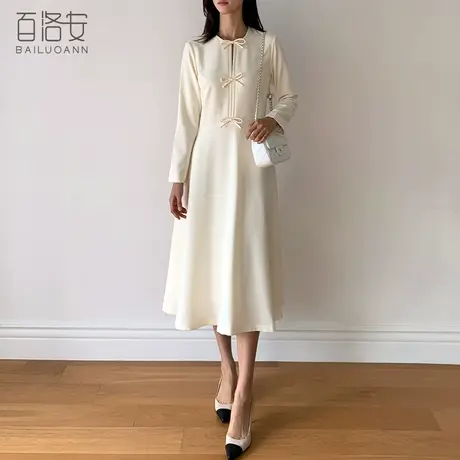 百洛安气质优雅蝴蝶结连衣裙女秋装新款圆领长袖高腰a字大摆长裙图片