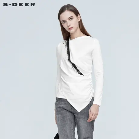 sdeer圣迪奥春秋装不规则领拼接撞色印花长袖棉质T恤女S21180204商品大图