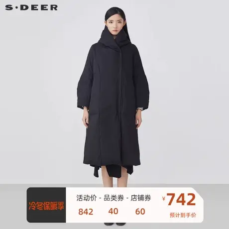 sdeer圣迪奥女装休闲高领连帽拼接长款黑色羽绒服S21482435图片