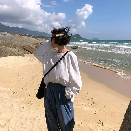 胖妹妹春装新款糖果多色长袖T恤女纯色宽松百搭上衣慵懒风内搭图片
