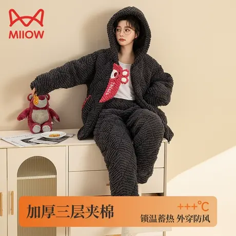 猫人三层夹棉睡衣女款冬季可爱连帽少女生加厚珊瑚绒可外穿家居服图片