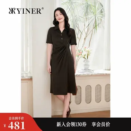 YINER音儿专选秋季珠光缎面法式海鸥领收褶衬衫连衣裙图片