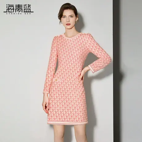 海青蓝法式气质收腰连衣裙2025春装新款时尚印花减龄长袖圆领裙子图片