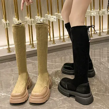 粗跟弹力瘦瘦靴女长靴2023秋冬季新款绒面长筒靴显瘦袜子靴骑士靴图片