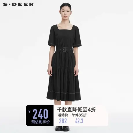 sdeer圣迪奥夏装方领收腰抽褶不规则短袖法式茶歇连衣裙S22261244图片