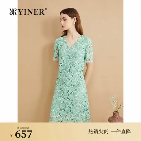 YINER音儿专选秋季法式V领钩花镂空蕾丝提花H型连衣裙图片