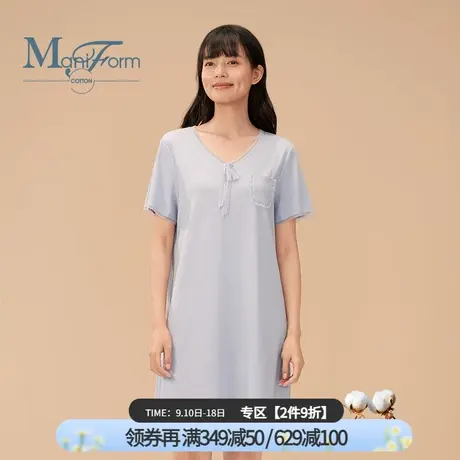 曼妮芬棉质生活睡衣家居服棉莫罗纹针织窄条蕾丝V领短袖睡裙TC图片