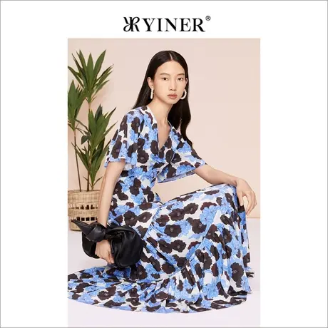 YINER音儿女装夏季法式优雅V领收腰艺术印花桑蚕丝连衣裙图片