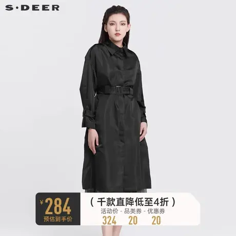 sdeer圣迪奥女装翻领收腰直筒黑色长款风衣外套S22161806图片