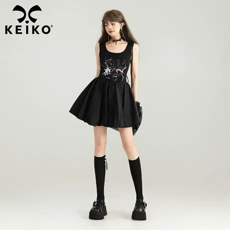 KEIKO 甜辣黑色吊带背心连衣裙夏胸垫一体修身露背蓬蓬花苞短裙图片