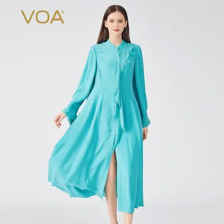 VOA真丝30姆米重磅蓝色立领单排扣长袖撞料拼接桑蚕丝衬衫连衣裙图片