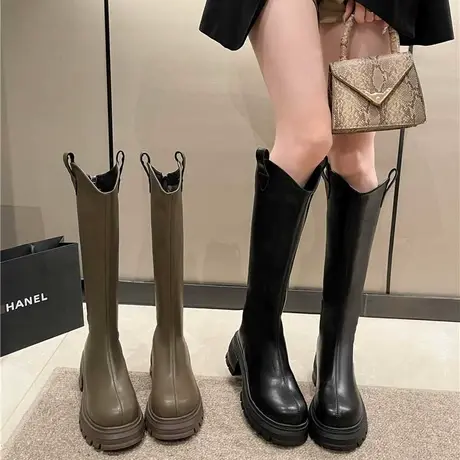长筒靴女2023春秋季新款v口法式复古单靴粗跟高跟厚底增高骑士靴商品大图
