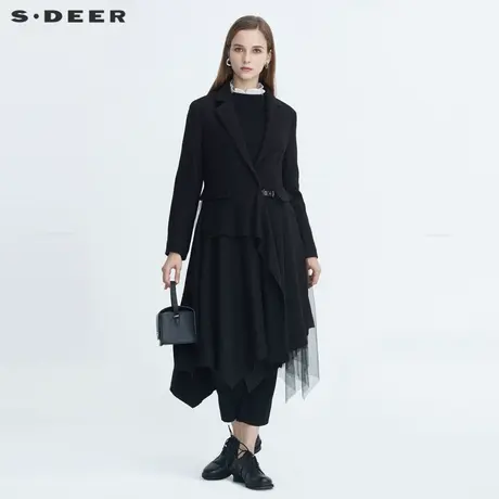 sdeer圣迪奥冬季女装休闲西装领网纱拼接不规则毛呢大衣S20481831图片