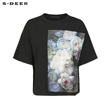 sdeer圣迪奥女22夏装新品圆领撞色印花宽松黑色短袖T恤S22280149图片