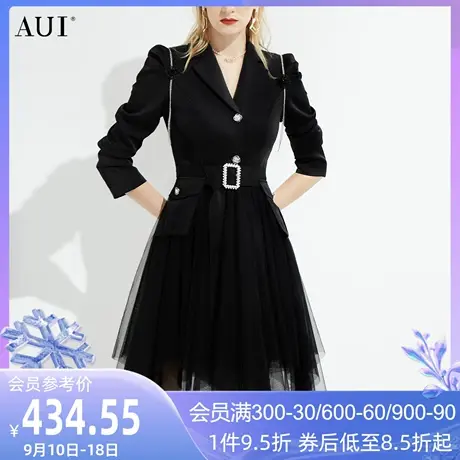 AUI黑色气质泡泡袖西装连衣裙2023女春新款高级感不规则网纱裙子图片