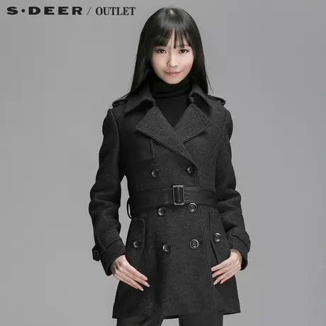 sdeer圣迪奥2017冬装PU拼接双排扣工装毛呢大衣外套女S14481739图片