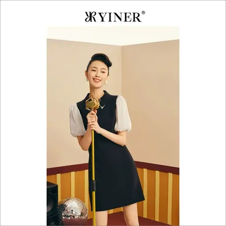 【1996系列】YINER音儿女装夏季法式钉珠领泡泡袖h型连衣裙图片