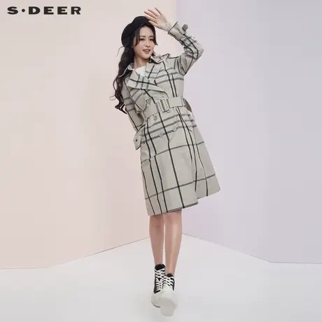 sdeer圣迪奥春秋女装英伦格纹翻领腰带修身中长款风衣S20181801图片