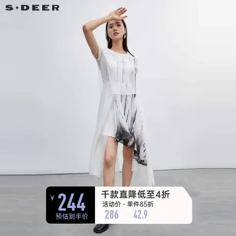 sdeer圣迪奥女装夏季国风水墨印花网纱不规则连衣裙S20281222图片