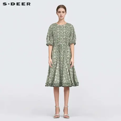 sdeer圣迪奥女装25年新品田园风印花收腰泡泡袖连衣裙S25261217图片