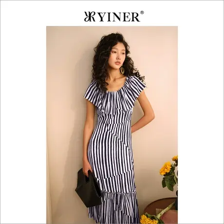 YINER音儿女装夏季法式艺术条纹荷叶边拼接桑蚕丝连衣裙图片