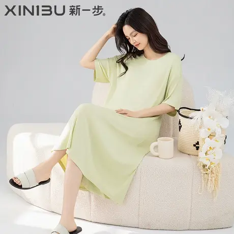 新一步莫代尔棉凉感睡裙女中长款夏季短袖套头纯色宽松睡衣连衣裙图片