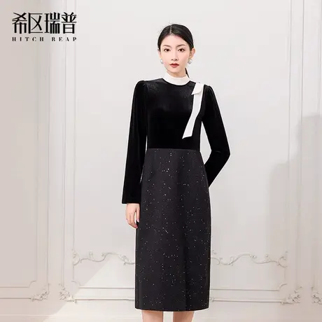 【希区瑞普】法式复古连衣裙优雅飘带丝绒拼接撞色女收腰包臀图片