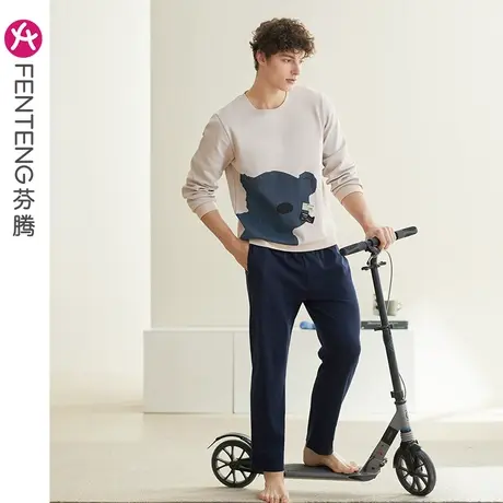 芬腾男士睡衣纯棉春秋圆领套头休闲可外穿全棉青年大码家居服套装商品大图