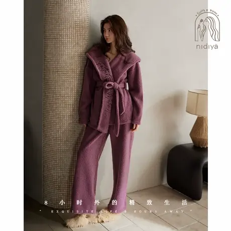 妮狄娅睡衣女冬季加厚保暖半边绒开衫短袍简约休闲时尚家居服套装图片