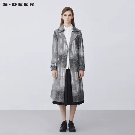 sdeer圣迪奥女装春秋装翻领双排扣收腰印花长款风衣女S21381823图片