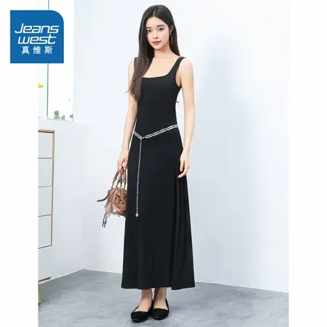 KF真维斯裙子2025夏季新款合身舒适女式休闲通勤黑色吊带连衣裙图片