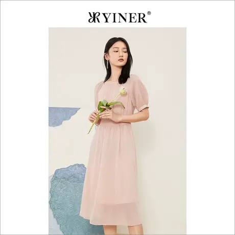 YINER音儿女装2022夏季新款雪纺亮丝短袖方领连衣裙图片