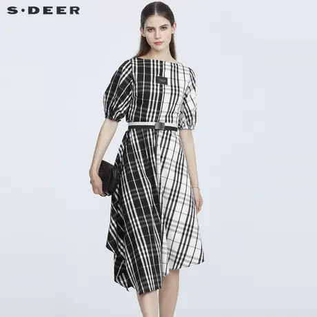 sdeer圣迪奥夏装圆领撞色格纹拼接收腰泡泡袖气质连衣裙S21261214图片