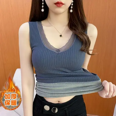带胸垫保暖背心女加绒加厚保暖内衣秋冬季蕾丝V领上衣内搭打底衫图片