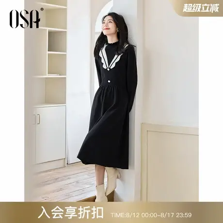 OSA欧莎假两件针织连衣裙2024年新款女半高领冬天配大衣黑色裙子图片