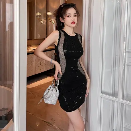 性感休闲无袖包臀裙2023新款女夏气质收腰又a又飒亮片显瘦连衣裙图片