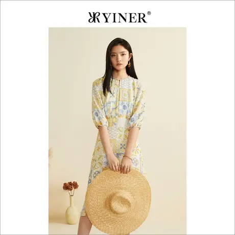 YINER音儿秋季七分袖真丝桑蚕丝印花收腰连衣裙图片