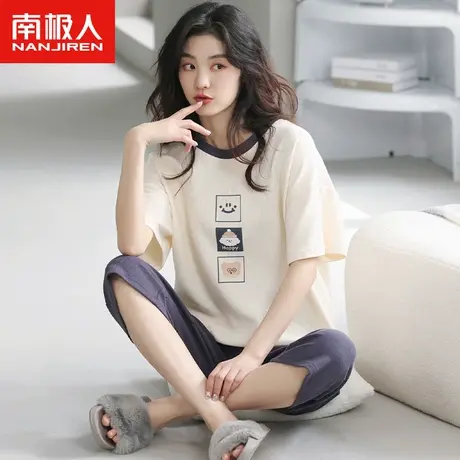 南极人睡衣女夏季纯棉短袖七分裤套装2023年新款华夫格卡通家居服商品大图