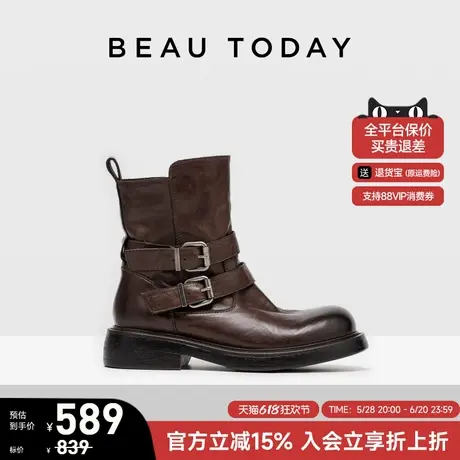 BeauToday厚底骑士靴女新款夏季英伦风马丁靴真皮时装短靴子女鞋商品大图