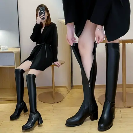 过膝长筒靴女靴子女2024款秋冬粗跟高跟骑士靴高筒瘦瘦靴长靴子图片