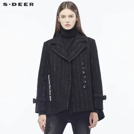 sdeer圣迪奥女装黑白线迹字母刺绣层次下摆平驳领外套S18482287商品大图